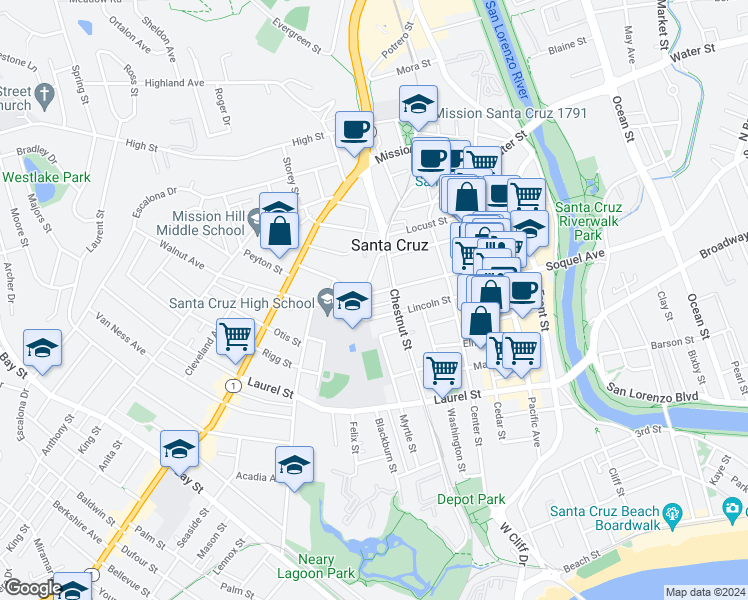 map of restaurants, bars, coffee shops, grocery stores, and more near 512 Lincoln Street in Santa Cruz