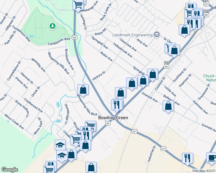 map of restaurants, bars, coffee shops, grocery stores, and more near 190-208 Veterans Memorial Lane in Bowling Green