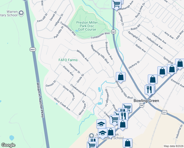 map of restaurants, bars, coffee shops, grocery stores, and more near 210 Moonlite Avenue in Bowling Green