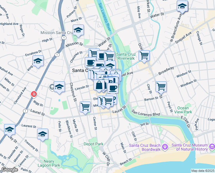 map of restaurants, bars, coffee shops, grocery stores, and more near in Santa Cruz