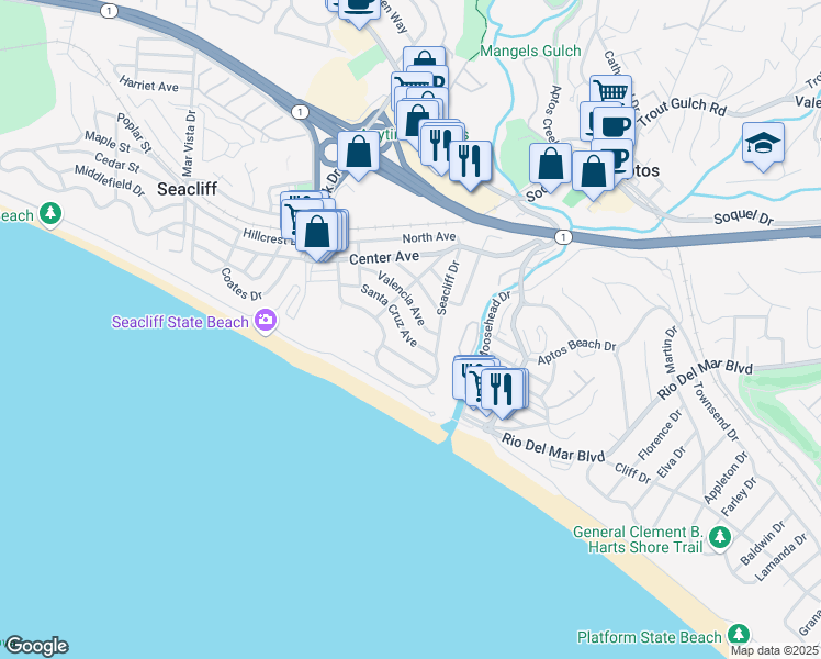 map of restaurants, bars, coffee shops, grocery stores, and more near 116 Santa Cruz Avenue in Aptos