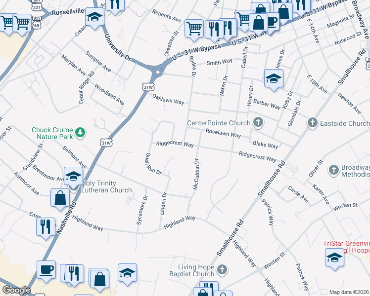 map of restaurants, bars, coffee shops, grocery stores, and more near 1411 Rodes Drive in Bowling Green