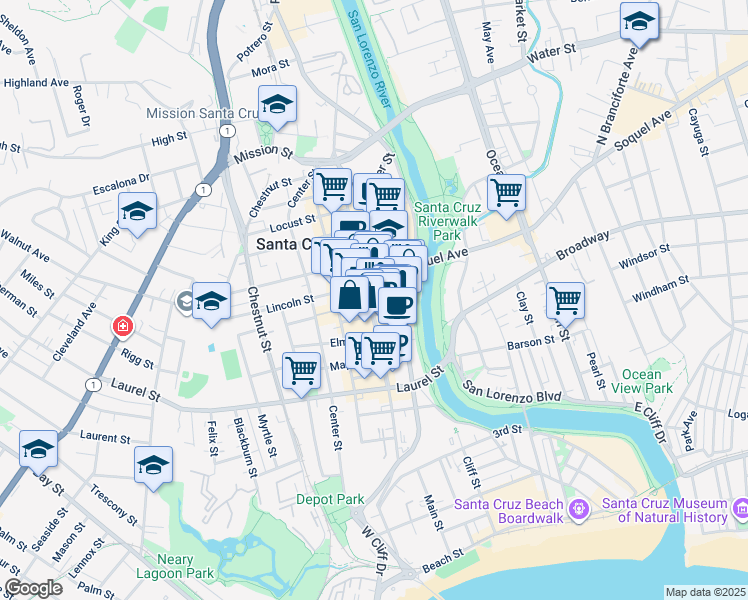 map of restaurants, bars, coffee shops, grocery stores, and more near 1114 Pacific Avenue in Santa Cruz