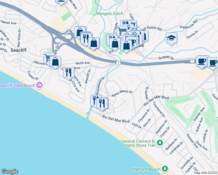 map of restaurants, bars, coffee shops, grocery stores, and more near 334 Treasure Island Drive in Aptos