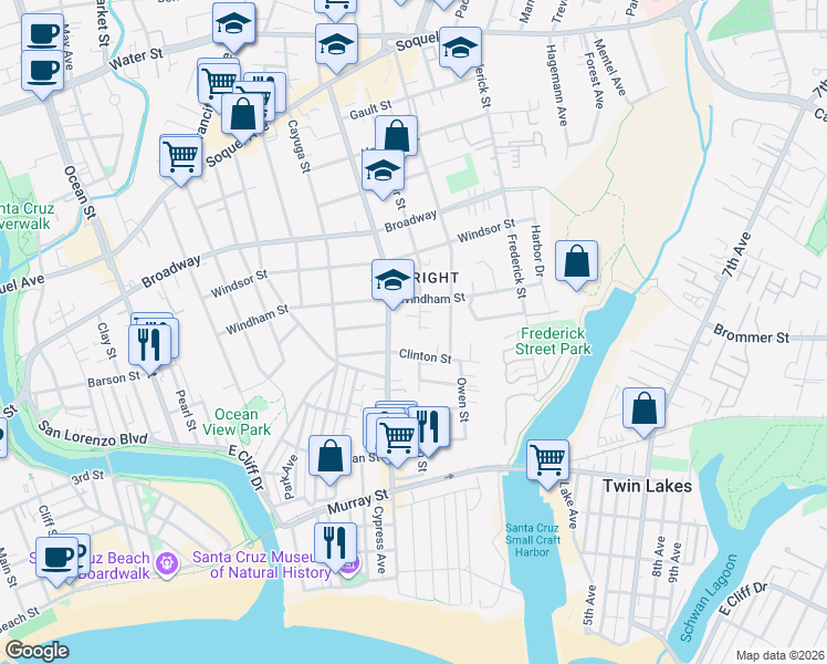 map of restaurants, bars, coffee shops, grocery stores, and more near 526 Sumner Street in Santa Cruz