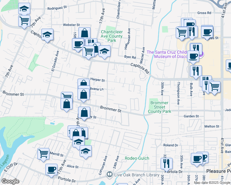 map of restaurants, bars, coffee shops, grocery stores, and more near 2237 Ivy Lane in Santa Cruz