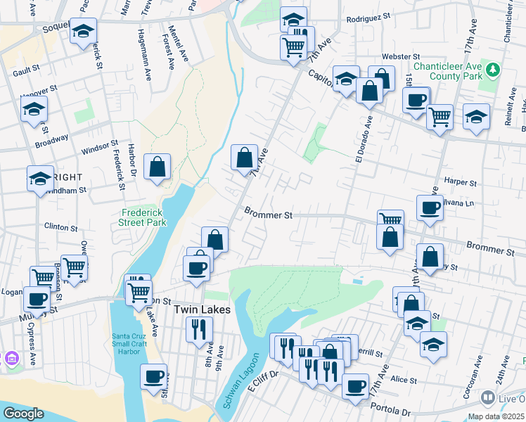 map of restaurants, bars, coffee shops, grocery stores, and more near 801 Brommer Street in Santa Cruz