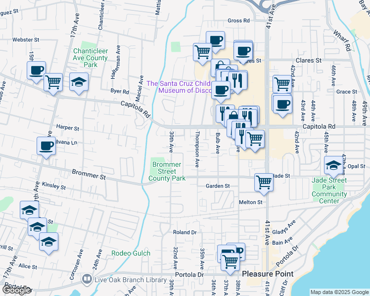 map of restaurants, bars, coffee shops, grocery stores, and more near 3124 Dee Street in Santa Cruz