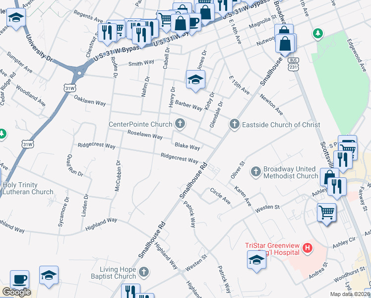 map of restaurants, bars, coffee shops, grocery stores, and more near 900-1114 Ridgecrest Way in Bowling Green