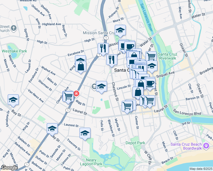 map of restaurants, bars, coffee shops, grocery stores, and more near 325 Walnut Avenue in Santa Cruz