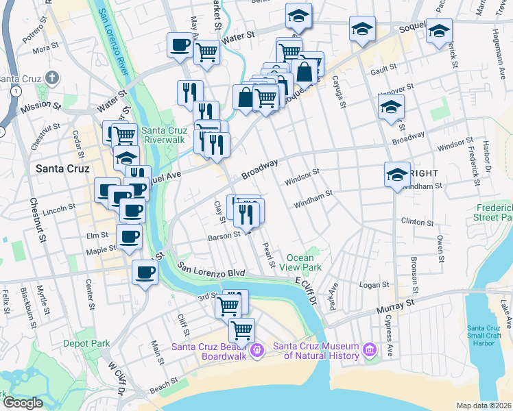 map of restaurants, bars, coffee shops, grocery stores, and more near 338 Ocean Street in Santa Cruz