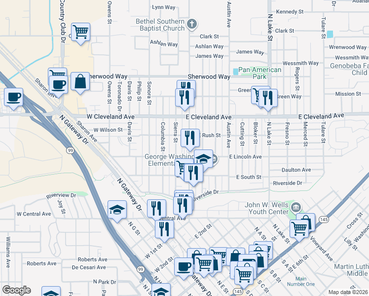 map of restaurants, bars, coffee shops, grocery stores, and more near 911 North D Street in Madera