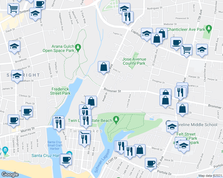 map of restaurants, bars, coffee shops, grocery stores, and more near 53 Amalfi Drive in Santa Cruz