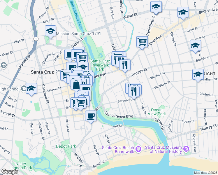 map of restaurants, bars, coffee shops, grocery stores, and more near 224 Broadway in Santa Cruz