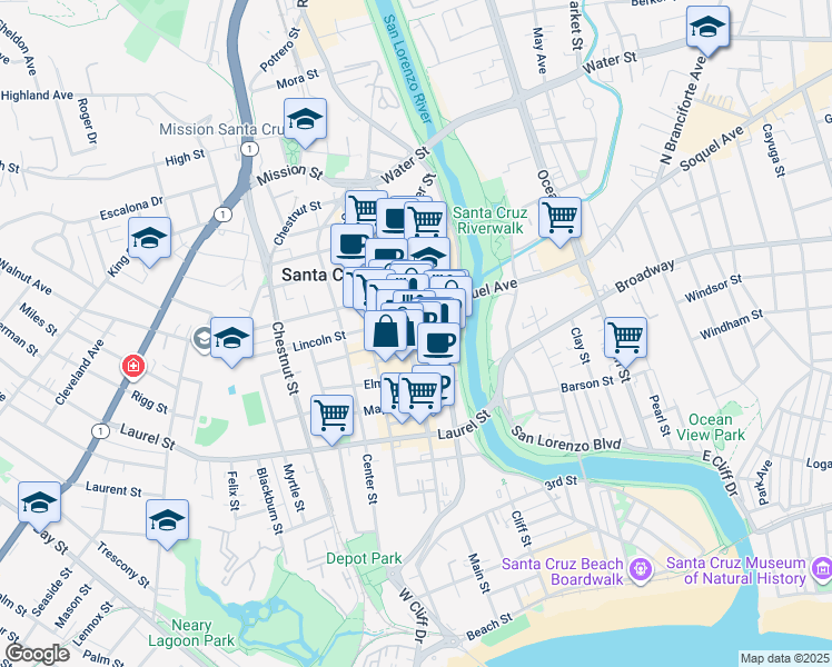 map of restaurants, bars, coffee shops, grocery stores, and more near 1114 Pacific Avenue in Santa Cruz