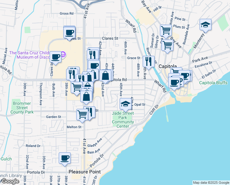 map of restaurants, bars, coffee shops, grocery stores, and more near 4460 Diamond Street in Capitola