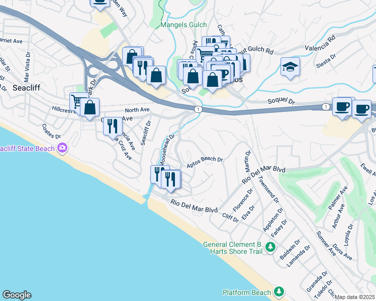 map of restaurants, bars, coffee shops, grocery stores, and more near 335 Treasure Island Drive in Aptos