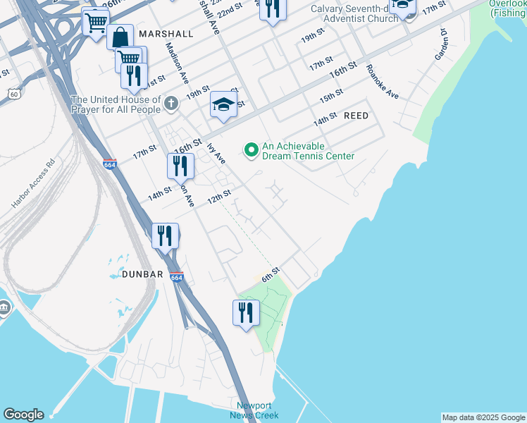 map of restaurants, bars, coffee shops, grocery stores, and more near 923 Ivy Avenue in Newport News