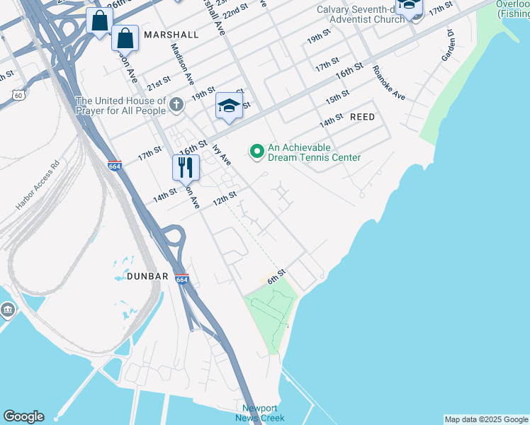 map of restaurants, bars, coffee shops, grocery stores, and more near 919 Ivy Avenue in Newport News