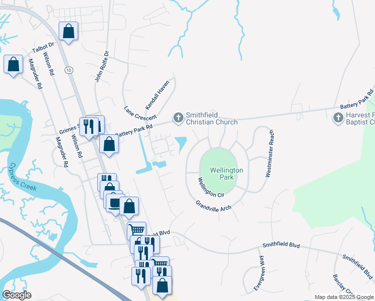 map of restaurants, bars, coffee shops, grocery stores, and more near 116 Grandville Arch in Smithfield