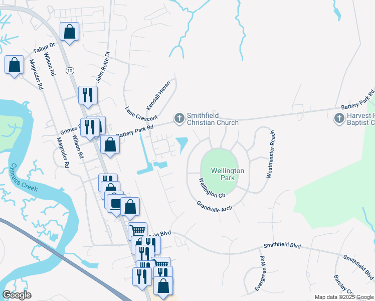 map of restaurants, bars, coffee shops, grocery stores, and more near 116 Grandville Arch in Smithfield