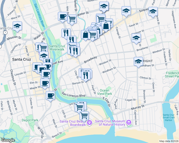 map of restaurants, bars, coffee shops, grocery stores, and more near 338 Ocean Street in Santa Cruz