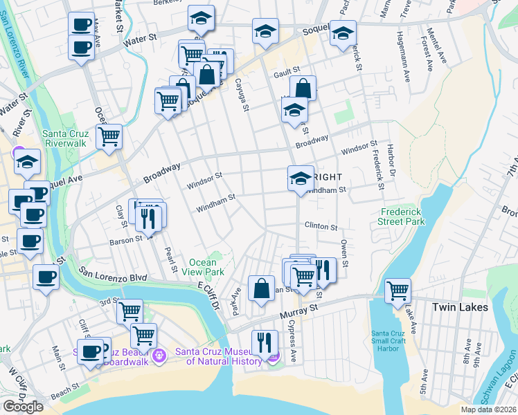 map of restaurants, bars, coffee shops, grocery stores, and more near 505 Cayuga Street in Santa Cruz