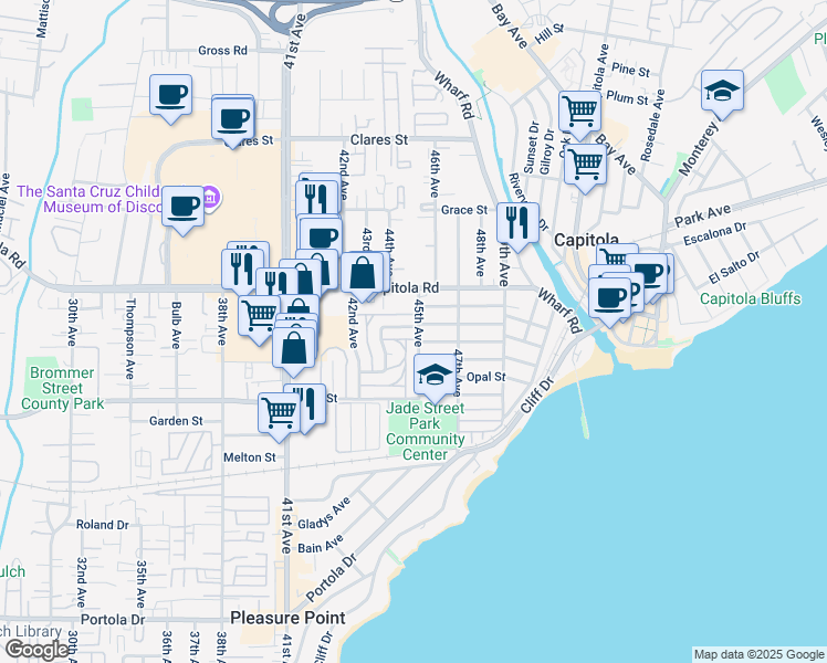 map of restaurants, bars, coffee shops, grocery stores, and more near 4390 Diamond Street in Capitola