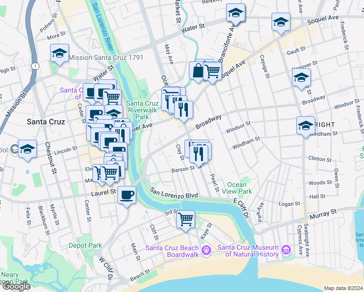map of restaurants, bars, coffee shops, grocery stores, and more near 137 Clay Street in Santa Cruz
