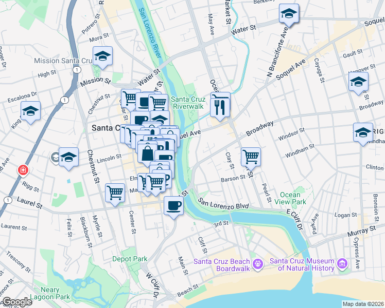 map of restaurants, bars, coffee shops, grocery stores, and more near 809 Riverside Avenue in Santa Cruz