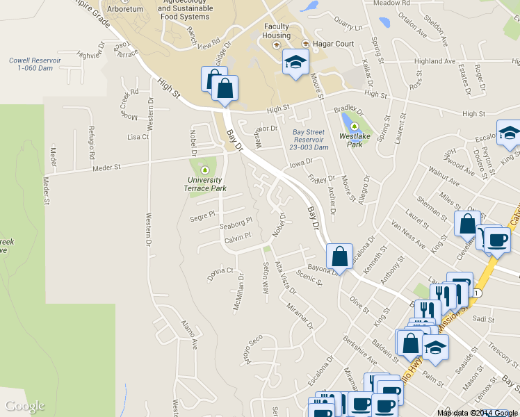 map of restaurants, bars, coffee shops, grocery stores, and more near 100 Seaborg Place in Santa Cruz