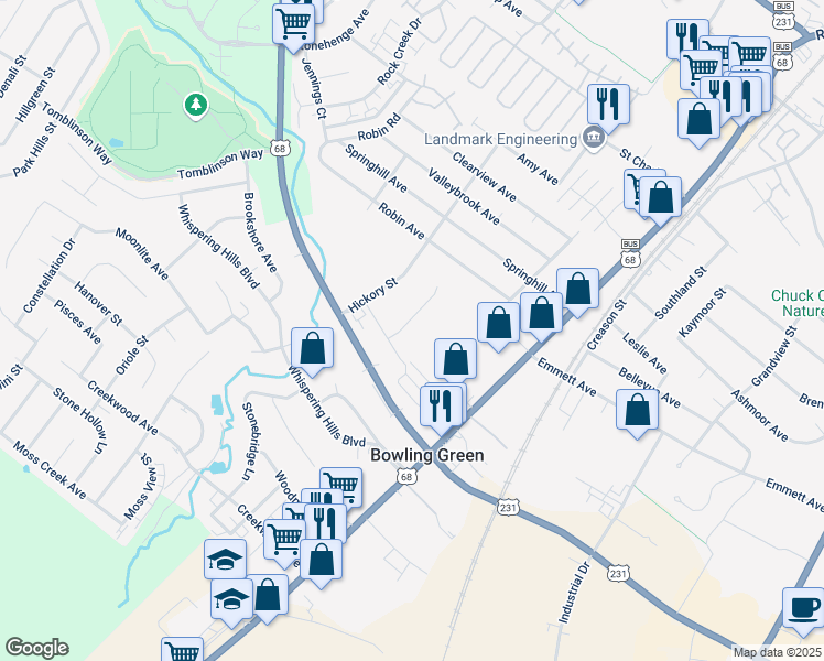 map of restaurants, bars, coffee shops, grocery stores, and more near 190-208 Veterans Memorial Lane in Bowling Green