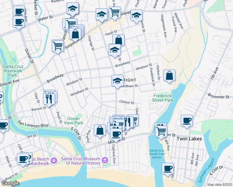 map of restaurants, bars, coffee shops, grocery stores, and more near Seabright Avenue in Santa Cruz