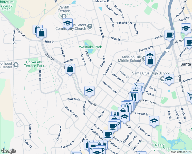 map of restaurants, bars, coffee shops, grocery stores, and more near 101 Moore Street in Santa Cruz