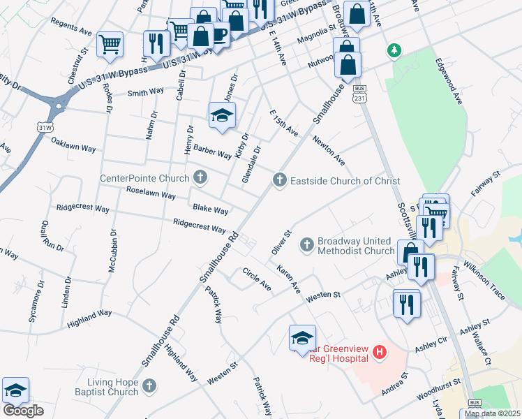 map of restaurants, bars, coffee shops, grocery stores, and more near 1808 Smallhouse Road in Bowling Green