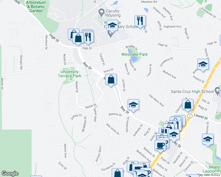 map of restaurants, bars, coffee shops, grocery stores, and more near 130 Palo Verde Terrace in Santa Cruz