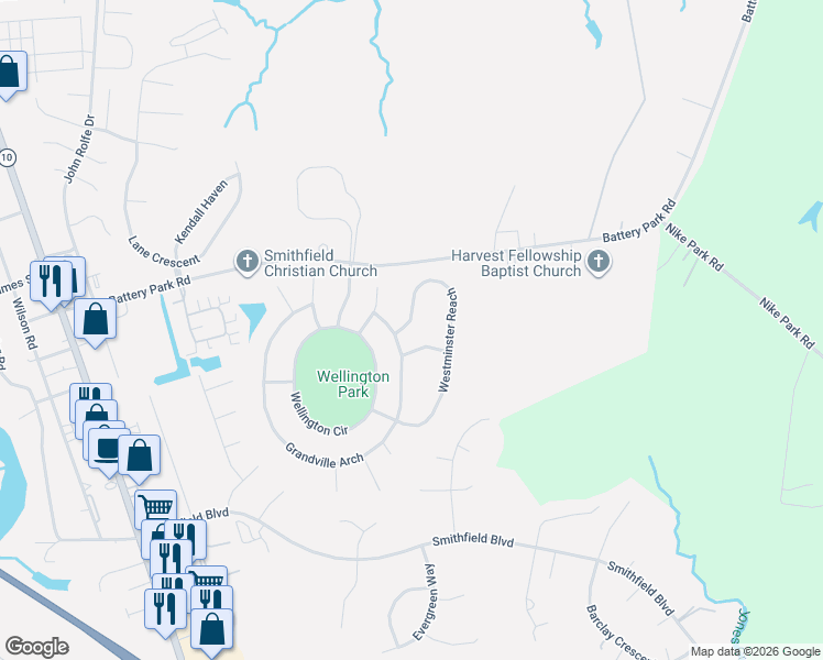 map of restaurants, bars, coffee shops, grocery stores, and more near 705 Bristol Street in Smithfield