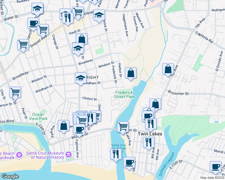 map of restaurants, bars, coffee shops, grocery stores, and more near 179 Frederick Street in Santa Cruz