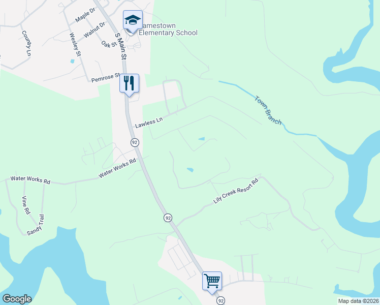 map of restaurants, bars, coffee shops, grocery stores, and more near 134-158 Linkview Road in Jamestown