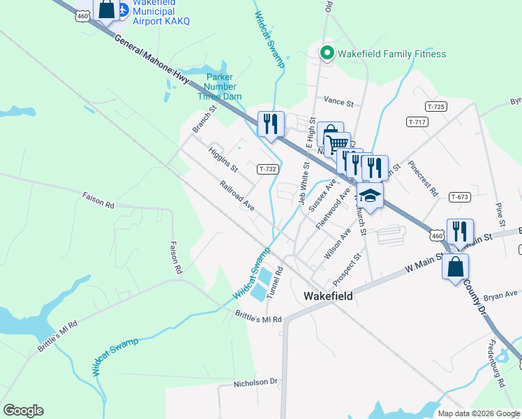 map of restaurants, bars, coffee shops, grocery stores, and more near 535 Railroad Avenue in Wakefield