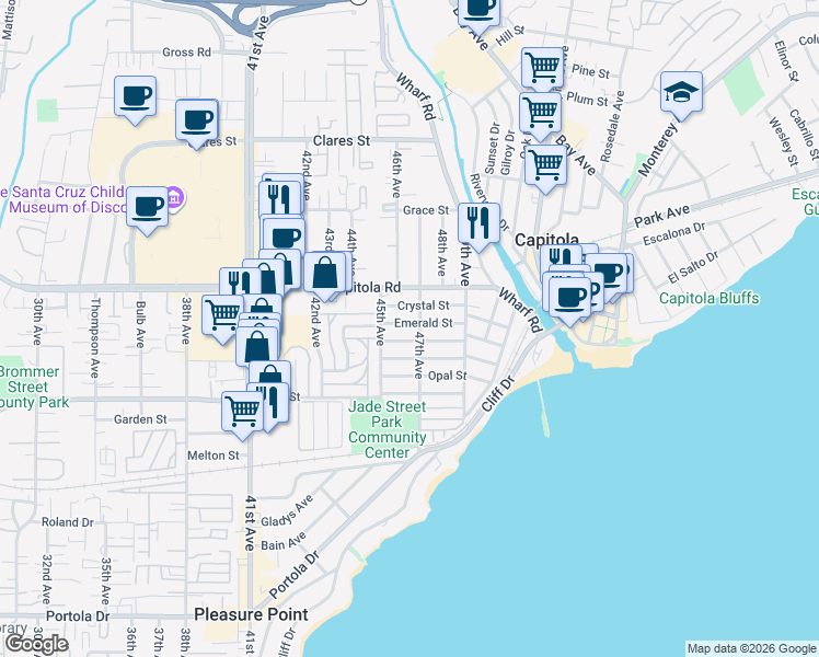 map of restaurants, bars, coffee shops, grocery stores, and more near 4650 Emerald Street in Capitola