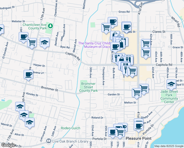 map of restaurants, bars, coffee shops, grocery stores, and more near 1550 30th Avenue in Santa Cruz
