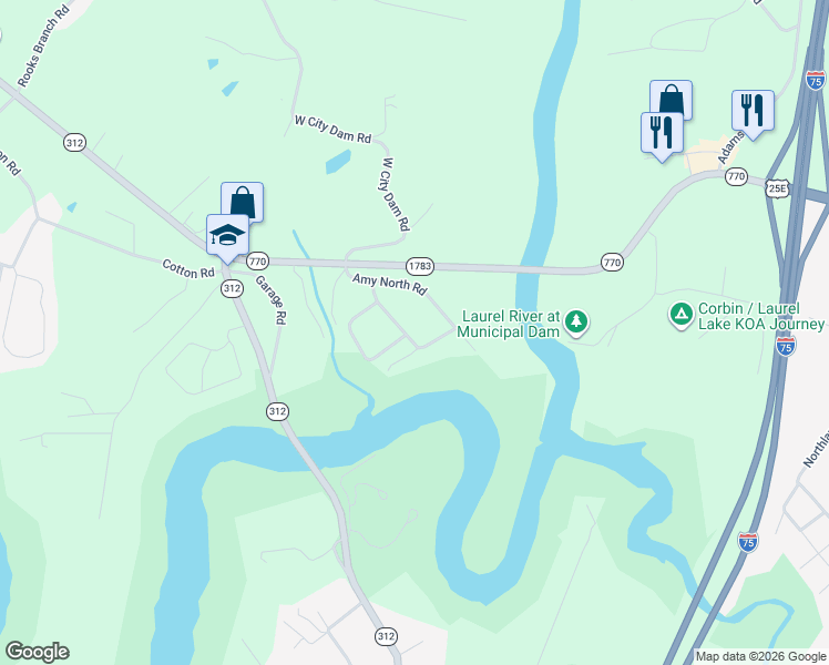 map of restaurants, bars, coffee shops, grocery stores, and more near 178 Eagles Nest Road in Corbin