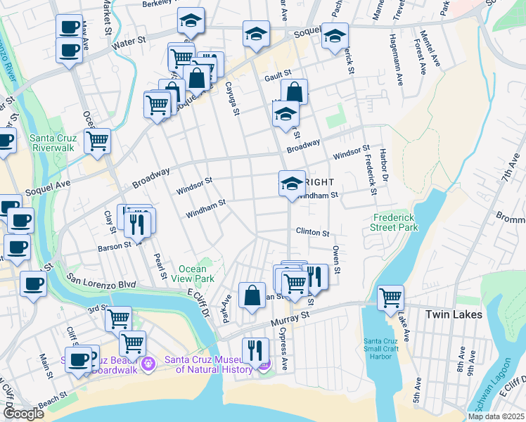 map of restaurants, bars, coffee shops, grocery stores, and more near 107 James Street in Santa Cruz