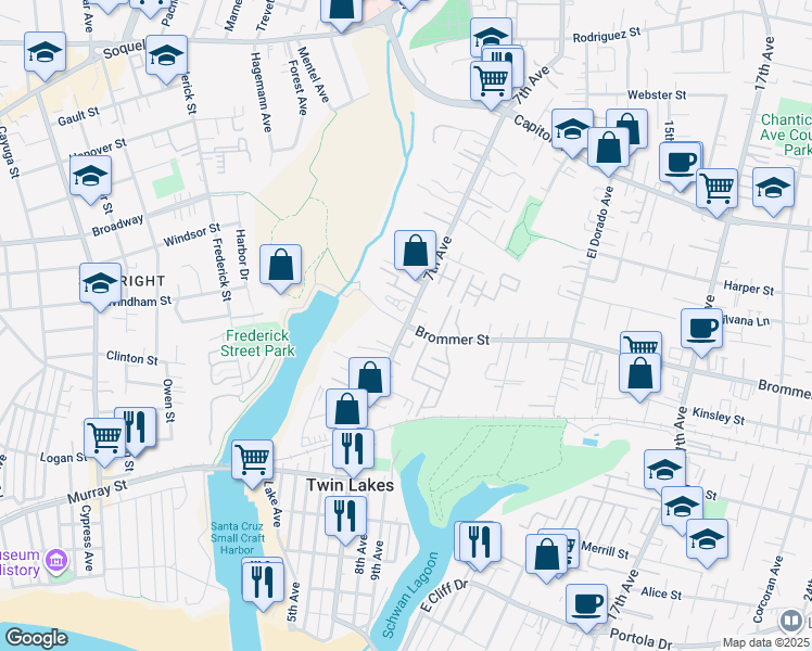 map of restaurants, bars, coffee shops, grocery stores, and more near Brommer St & 7th Ave in Santa Cruz