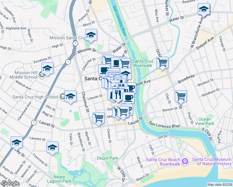 map of restaurants, bars, coffee shops, grocery stores, and more near 233 Cathcart Street in Santa Cruz