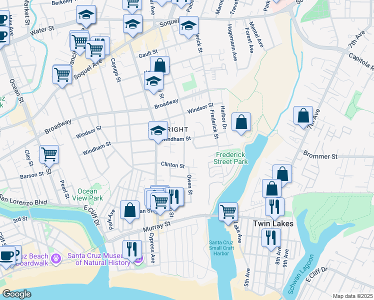 map of restaurants, bars, coffee shops, grocery stores, and more near 130 Darwin Street in Santa Cruz