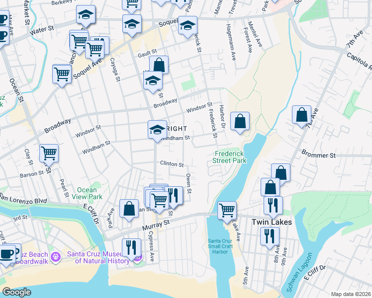 map of restaurants, bars, coffee shops, grocery stores, and more near 130 Darwin Street in Santa Cruz