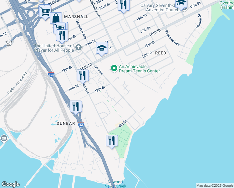 map of restaurants, bars, coffee shops, grocery stores, and more near 923 Ivy Avenue in Newport News