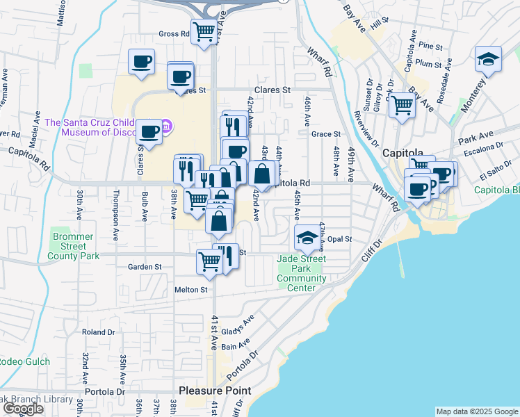 map of restaurants, bars, coffee shops, grocery stores, and more near 1470 42nd Avenue in Capitola